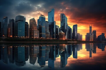 Fototapeta premium Abstract city skyline with modern high rise buildings skyscrapers reflected on calm water of river near bridge against cloudy sunset sky with copy space. AI Generative