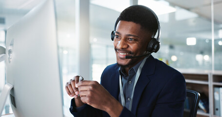 Computer, call center and happy black man talking, crm and technical support at help desk. Communication, customer service and sales agent consulting, telemarketing advisory and speaking to contact - obrazy, fototapety, plakaty