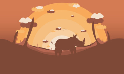 rhino silhouette in Africa background vector wallpaper, landscape illustration ,world rhino day