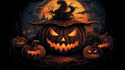 Halloween background with pumpkins, witch, moon and haunted house