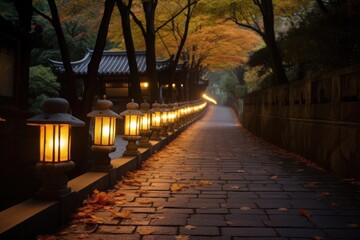 Obraz premium illuminated path lined with stone lanterns