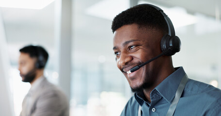 Happy black man, call center and customer service in telemarketing, communication or support at...