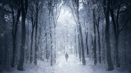 man walking in fantasy winter forest