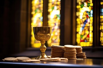 gilded chalice and wafers in front of a church window