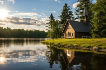 a youth camp chapel by a lake