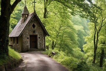 a rustic chapel in a woodland with a scenic view