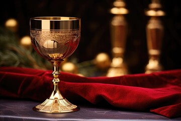 a gold chalice with red wine placed centrally on an altar