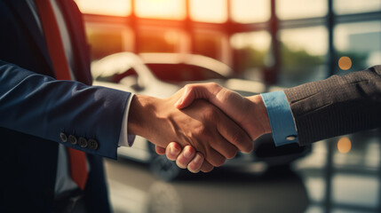 Handshake between a professional seller and an excited buyer at a car dealership. This image represents the successful completion of a car purchase transaction, emphasizing trust and satisfaction. - obrazy, fototapety, plakaty