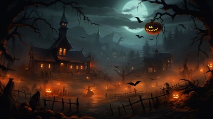 Fototapeta na wymiar Halloween background with haunted house, bats and pumpkins