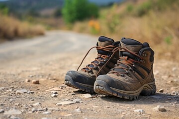 sturdy hiking boots placed on a gravel road