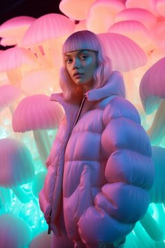 In A Winter Wonderland, A Beautiful Woman Stands Proudly In Her Puffy Coat, The Glowing Neon Lights Reflecting Off The Shimmering Pink And Magenta Fabric As She Holds A Mysterious Mushroom