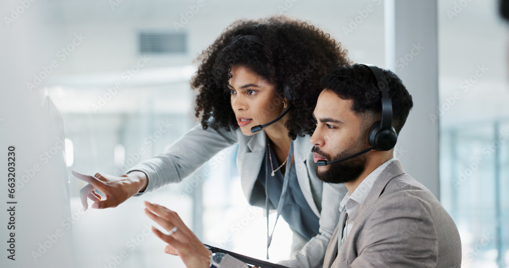 Poster Call center, training and learning in office with mentor, technical support and advice for working on computer. Employees, collaboration and questions for manager coaching on project with tech