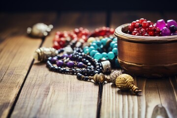 Obraz na płótnie Canvas prayer beads of various religions on a wooden table