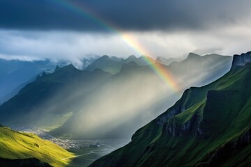 rainbow appearing behind foggy mountains