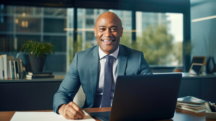 Fototapeta na wymiar Smiling black business man in office with laptop