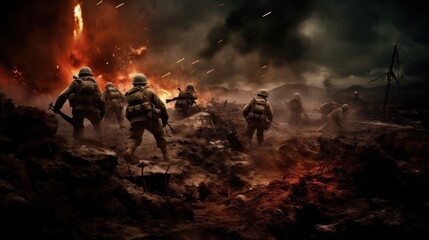 War, soldiers, battlefield, no blood, realistic photo,
