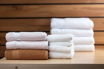 stack of clean towels on a wooden bathroom shelf