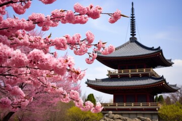 Obraz premium beautiful pagoda against a backdrop of flowering cherry trees
