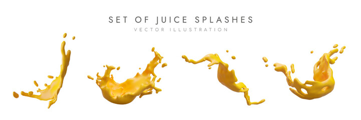 Set of realistic juice splashes. Orange juice in air, drops and stream. Juicy drink. Vector color illustration for web advertising. Natural ingredient - obrazy, fototapety, plakaty
