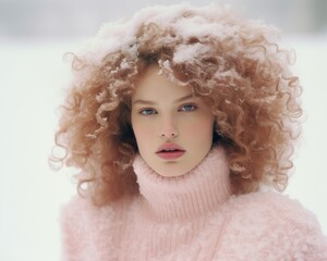 Fototapeta premium A striking winter portrait of a beautiful woman with curly hair and a pink sweater, her hairpiece adorned with delicate ringlets, her lips painted with a bold hue, style as she stands in the snow