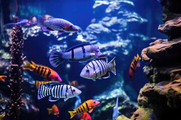 colorful fish swimming together in a tank