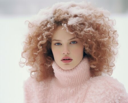 A striking winter portrait of a beautiful woman with curly hair and a pink sweater, her hairpiece adorned with delicate ringlets, her lips painted with a bold hue, style as she stands in the snow