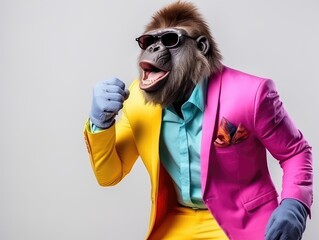 fashion photo. stylish gorilla posing in bright modern clothing and sunglasses in the studio - obrazy, fototapety, plakaty