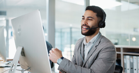 Call center, customer service and man on an online consultation on a computer working in the...
