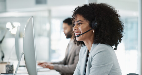 Happy woman, call center and customer service in telemarketing, support or communication at office. Friendly female person, consultant or agent smile in online advice, help or contact us at workplace - obrazy, fototapety, plakaty