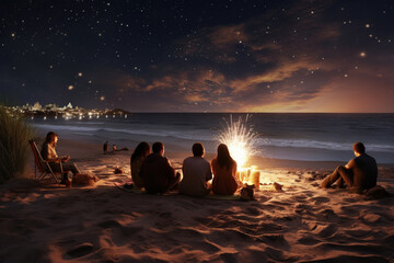 man and his friends organized a New Year's bonfire on the beach, watching the fireworks for celebrate new year.