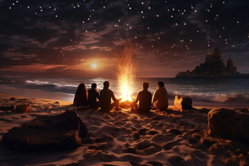 man and his friends organized a New Year's bonfire on the beach, watching the fireworks for celebrate new year. - obrazy, fototapety, plakaty