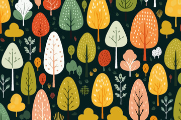 Forests and woods quirky doodle pattern, wallpaper, background, cartoon, vector, whimsical Illustration