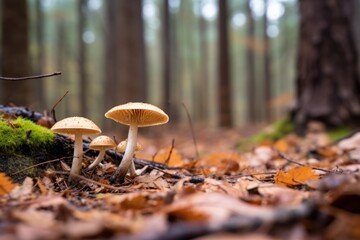 group of mushrooms on a forest floor versus a lone mushroom - obrazy, fototapety, plakaty