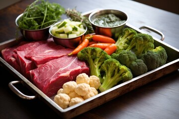 raw vegetables and meat for a barbecue on a metal tray - obrazy, fototapety, plakaty
