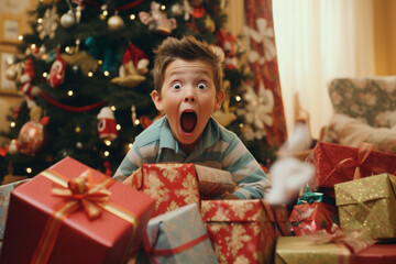 Fototapeta na wymiar Christmas morning unwrapping gift box presents the joy and excitement on children's faces.