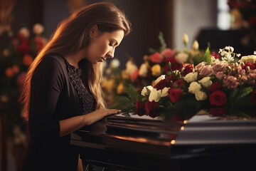 Funeral, sad and woman with flower on coffin after loss of a loved one, family or friend, Grief, death and young female putting a rose on casket in church with sadness, depression and mourning - obrazy, fototapety, plakaty