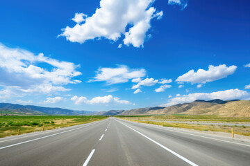 Fototapeta premium Highway and a blue sky. Asphalt road and beautiful countryside landscape. AI generated