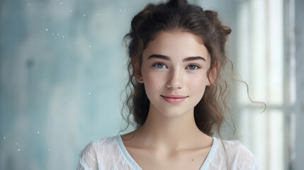 Fototapeta premium Headshot of a teenager with acne-prone skin, embracing self-confidence and inner beauty