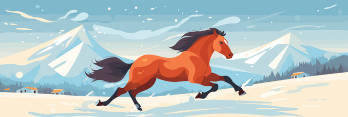 A horse with a fluttering mane gallops freely on a snowy plain, vector - obrazy, fototapety, plakaty