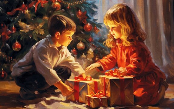 children at Christmas are waiting for Santa Claus on Christmas night, Christmas greeting card, art illustration painted, generative ai