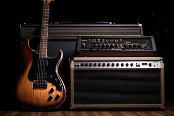 Fototapeta na wymiar two guitars leaning on an amplifier in a studio