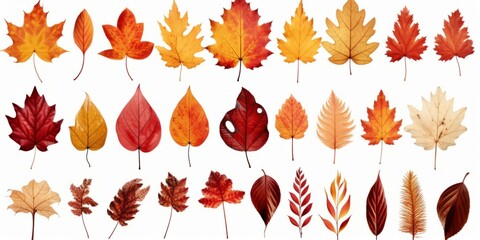 Set of autumn leaves on white background, AI generated