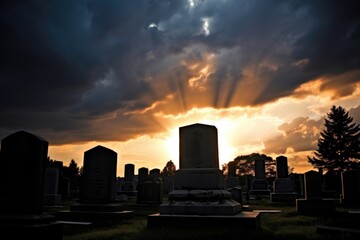 dramatic tombstones silhouettes against a stormy sunset