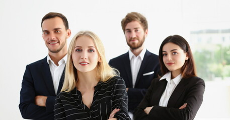 Portrait of confident work team people, businesspeople posing for collective picture in company....