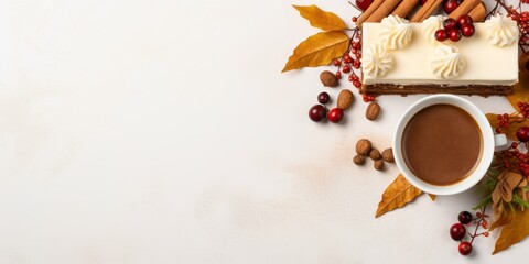cup of coffee with cake and autumn leaves banner, Ai generated