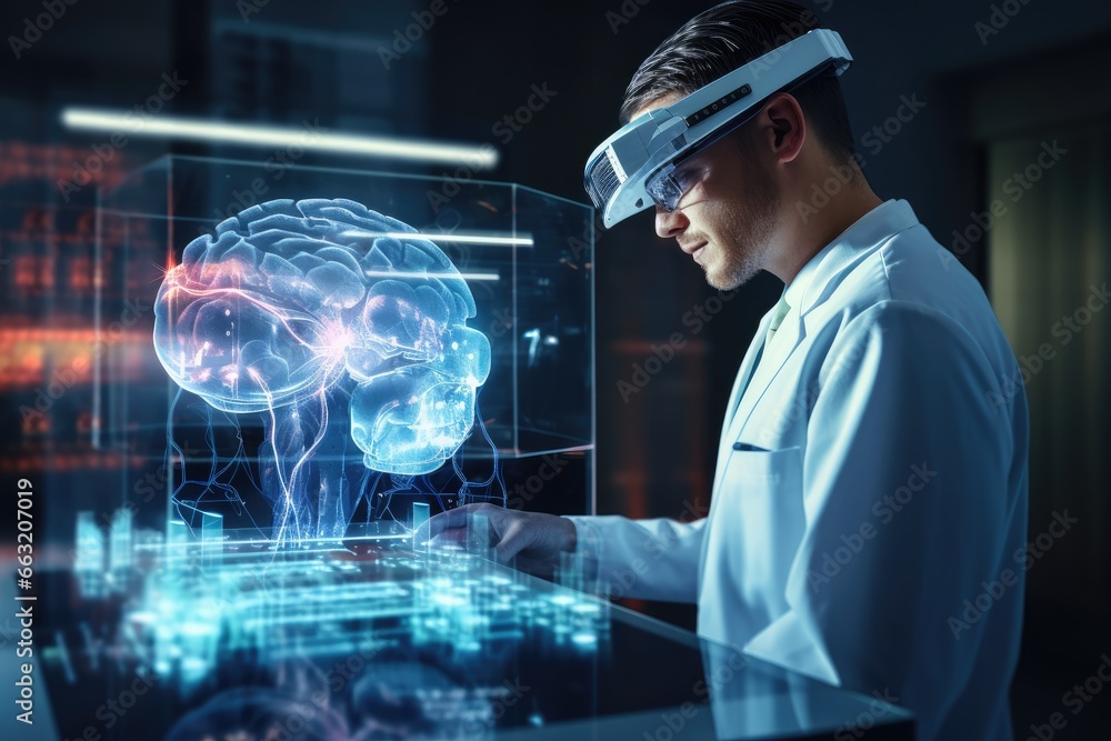 Poster side view of young male scientist using tablet with glowing brain hologram. 3d rendering, doctor che