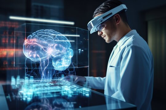 Side view of young male scientist using tablet with glowing brain hologram. 3D rendering, Doctor checking brain testing result with computer interface, Abstract, AI Generated