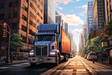 A truck moving through a bustling urban area surrounded by tall buildings. Generative AI