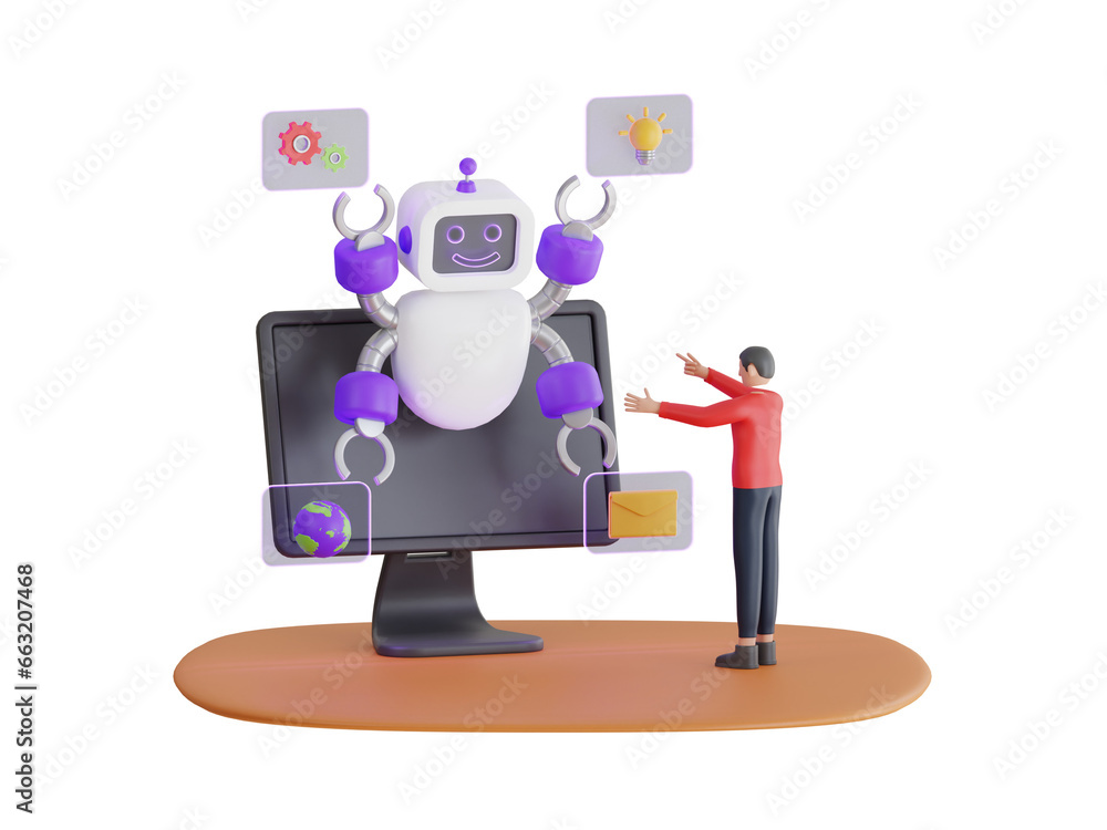 Poster robot helps human to do work. ai assistant support. robot works with employer in office on laptop. 3
