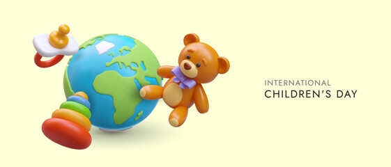 International Children Day. 3D globe, pyramid, pacifier, toy bear. Protection and care of children. Color horizontal poster, place for text. Festive vector banner
